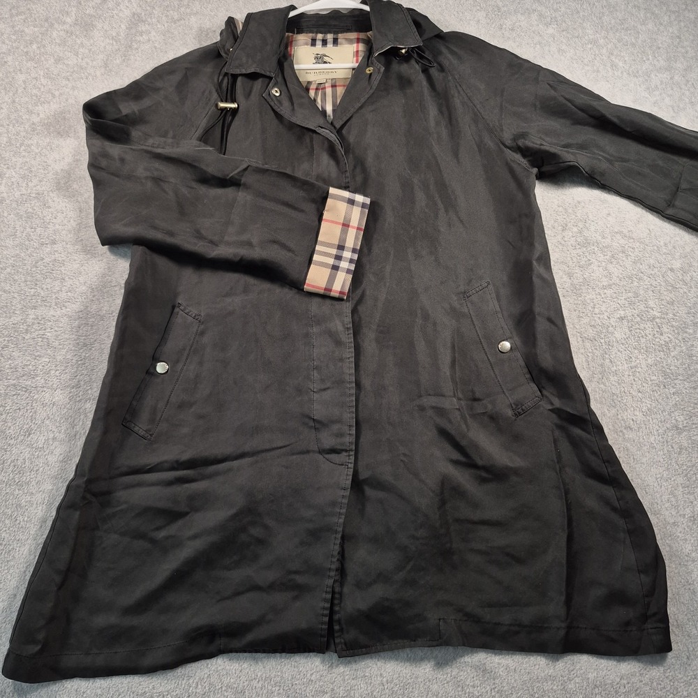 Burberry Silk Hooded Car Coat Jacket Nova Check Cuff Women's L Black Lightweight - Picture 2 of 9